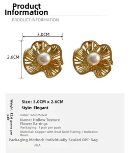 Detailed view of matte flower earrings showing size 3.0cm by 2.6cm and pearl details