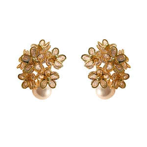 Elegant gold flower cluster earrings with sparkling crystals and drop pearls