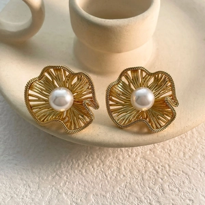 Matte Brass Flower Stud Earrings With Faux Artificial Pearl Elegant French Vintage Style Floral Textured Jewelry For Women