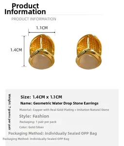 Detail showing dimensions and material of gold-plated waterdrop cat-eye stone earrings