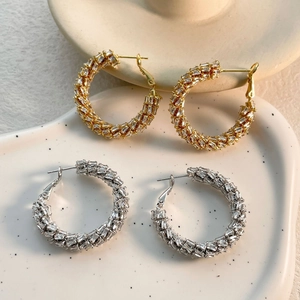 Geometric Circle Hoop Earrings With 18K Gold Plated Copper And Baguette Cut Zircon Exquisite Fashion Jewelry For Women