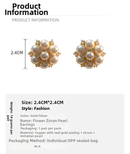 Detailed view of flower-shaped pearl and zircon stud earrings with size specifications
