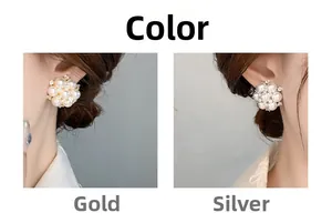 Close-up showing flower shaped pearl earrings with zircons in gold and silver finish