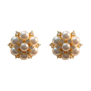 Elegant floral stud earrings featuring white pearls and shimmering cubic zirconia stones