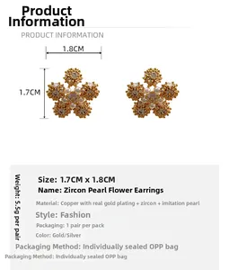 Macro detail of zircon pearl flower earrings showing 1.7cm size and material info