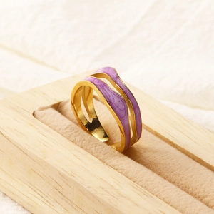 French Style Stainless Steel Irregular Wave Ring Purple White Enamel Inlay Gold Plated Minimalist Band For Women Fashion Jewelry Gift