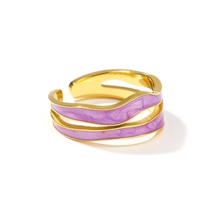Irregular wave double-layer 18k gold plated open ring with purple enamel marble texture
