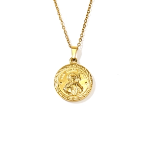 Gold Saint Jude medallion necklace in stainless steel with embossed coin pendant on chain
