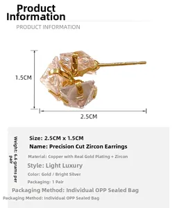 Detail view of 18K gold plated copper earrings with square cubic zirconia and dimensions
