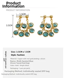 Detailed dimensions of blue zircon tassel earrings featuring gold plated copper base