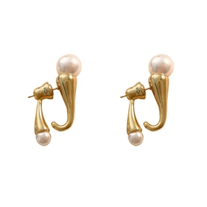 Minimalist 18K gold earrings with smooth streamlined metal design and dual round white pearls