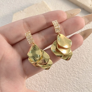 Exaggerated gold layered shell earrings with sparkling zircon inlay for women