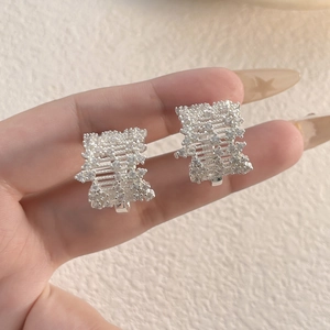 French vintage silver plated earrings with sparkling micro-paved crystals in rectangle design