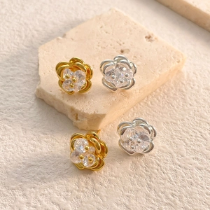 Elegant Camellia Flower Stud Earrings 18K Gold Plated Brass Zircon Exquisite Floral Jewelry For Women Fashion Daily Wear