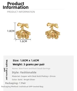 Detailed size and material specs for the bow-knot lace earrings with zircon inlays