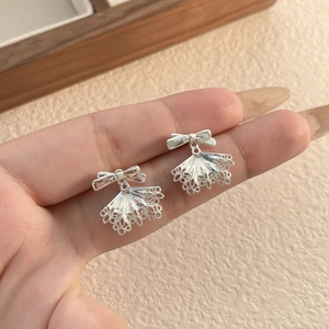 Silver bow lace stud earrings with delicate hollow fan drop pendants for women