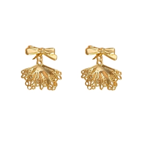 Elegant gold bow earrings with hollow fan-shaped lace drop pendants in vintage style