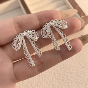 Elegant S925 silver lace bow earrings with sparkling micro-pave cubic zirconia tassels