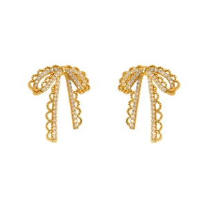 Elegant S925 silver needle lace bow earrings with sparkling white zircons and gold plating