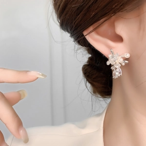 French luxury silver firework earrings with white pearls and sparkling zircons for women