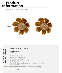 Detailed specs of 2.3cm golden flower earrings with synthetic stone and copper plating