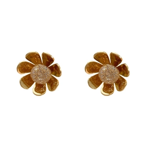 Elegant gold flower stud earrings with shimmering textured centers on white background