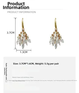 Detail of firework zircon tassel earrings with copper gold plating and size dimensions