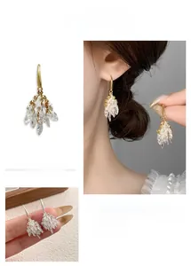 Macro shot of stylish firework-style zircon earrings with crystal cluster drops