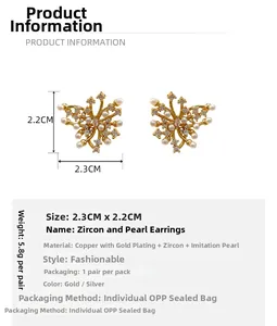 Detailed view of zircon and pearl butterfly earrings with gold-plated dimensions and specs