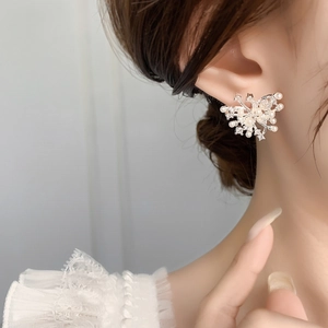 Macro detail of silver-plated butterfly earrings with pearls and sparkling cubic zirconia