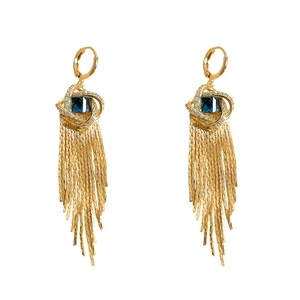 Élégantes boucles d'oreilles dorées à pompons avec zircons bleu foncé et détails frangés