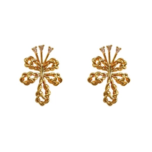 Elegant gold bow earrings with twisted texture and pear-shaped zircon stones