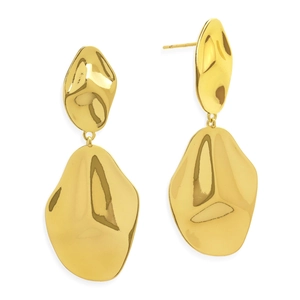 Irregular golden teardrop dangle earrings with a hammered fluid metal texture finish