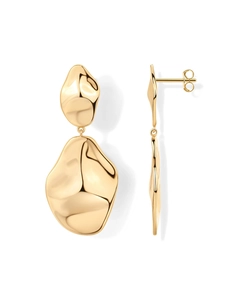 Detailed view of golden irregular organic drop earrings with molten lava textured finish
