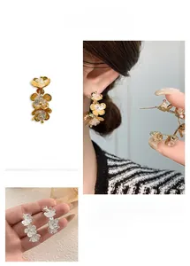 Macro detail of petal earrings with sparkling crystal centers in gold and silver finish