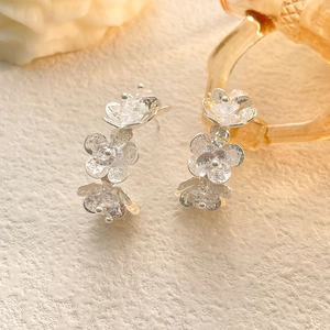 Macro shot of silver flower cluster earrings with sparkling crystal centers