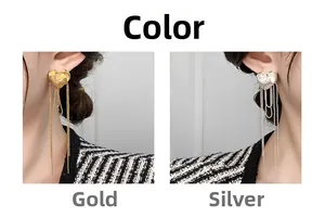 Detailed comparison of gold and silver heart-shaped tassel earrings on models