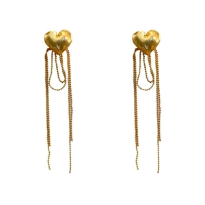 Elegant gold plated heart earrings with long beaded tassels and brushed metal texture