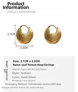 Detail of gold-plated copper leaf earrings featuring intricate wrinkled leaf textures