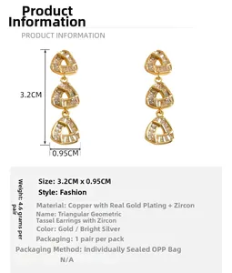 Detailed size and material specification chart for geometric zircon drop earrings