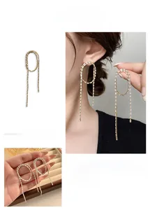 Detailed close-up of sparkling rhinestone tassel drop earrings with gold finish and s925 posts