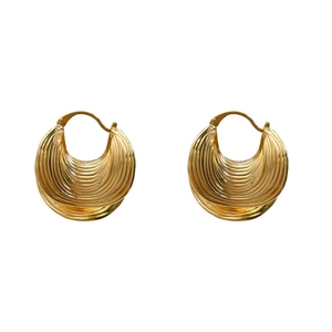 Golden crescent hoop earrings featuring vintage textured leaf patterns and metallic finish
