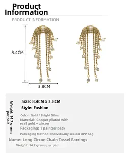 Detailed size chart for butterfly tassel earrings with zircon and copper gold plating