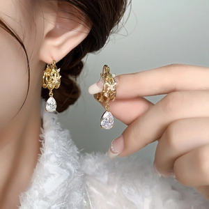 Retro Hollow Bamboo Branch Teardrop Earrings Copper Zircon 18K Gold Plated Pear Shape Dangle Light Luxury For Women
