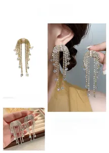 Detailed close-up of butterfly tassel earrings with zircon stones and crystal pendants