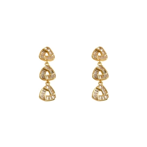 Elegant gold drop earrings with three hollow triangular elements and clear zircon stones