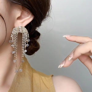 Detail of luxury bridal butterfly tassel earrings with zircon stones worn by a model
