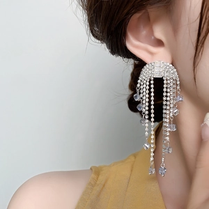Close-up of elegant silver tassel earrings with zircons on a model for wedding wear