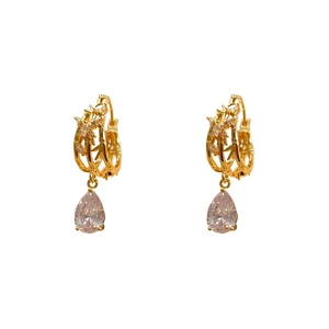 Elegant gold bamboo joint earrings with pear-shaped water drop crystals and butterfly details
