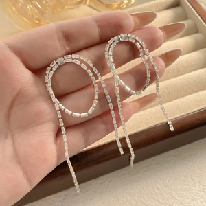 Elegant silver tassel earrings with baguette-cut zircons and S925 silver needle for women